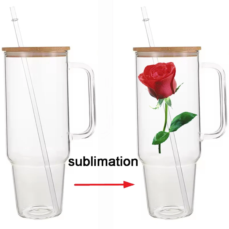 Usa Warehouse 32oz 40oz red Drinking High Borosilicate Glasses Drinkware Beer Can Cup Glass Tumbler With Handle Bamboo Lid Straw