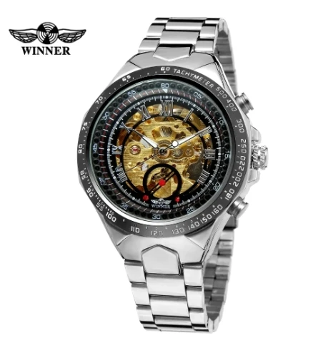 WINNER 432 Men Gold Watches Automatic Mechanical Watch Stainless Steel Band Luxury Brand Sports Design Male Skeleton Wristwatch