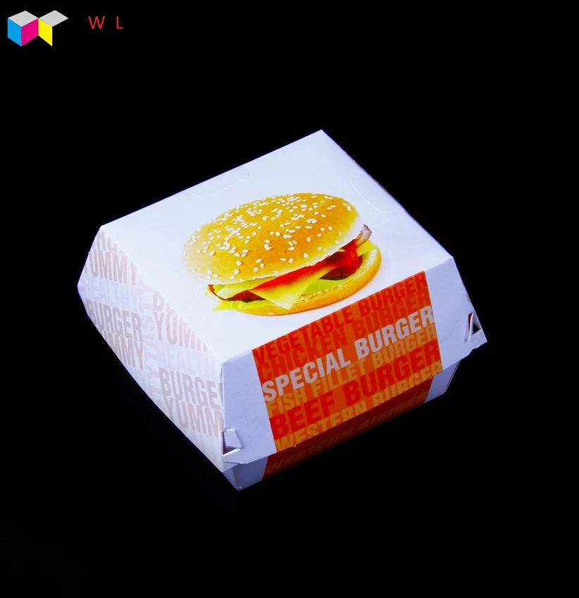 food grade Disposable Cardboard Clamshell Burger Box Paper Hamburger Packaging box  holder container with logo printing