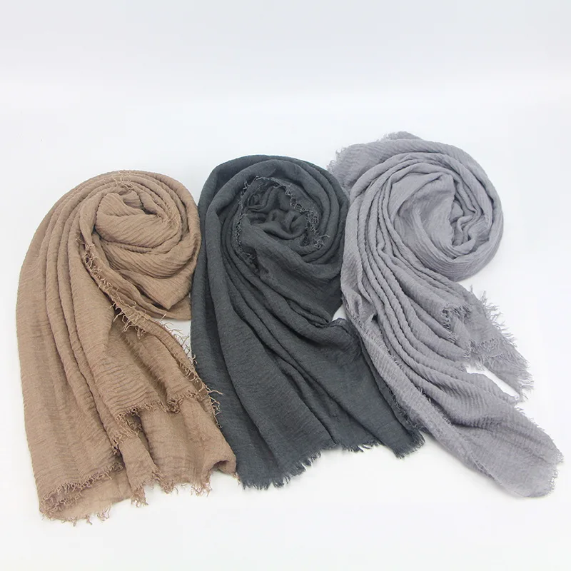 RTS Sample Free Tassel Bulk Cotton Crinkle Bros Turkish Foulard Hijabs For Ladies Plain 2020 Muslim Women Scarf