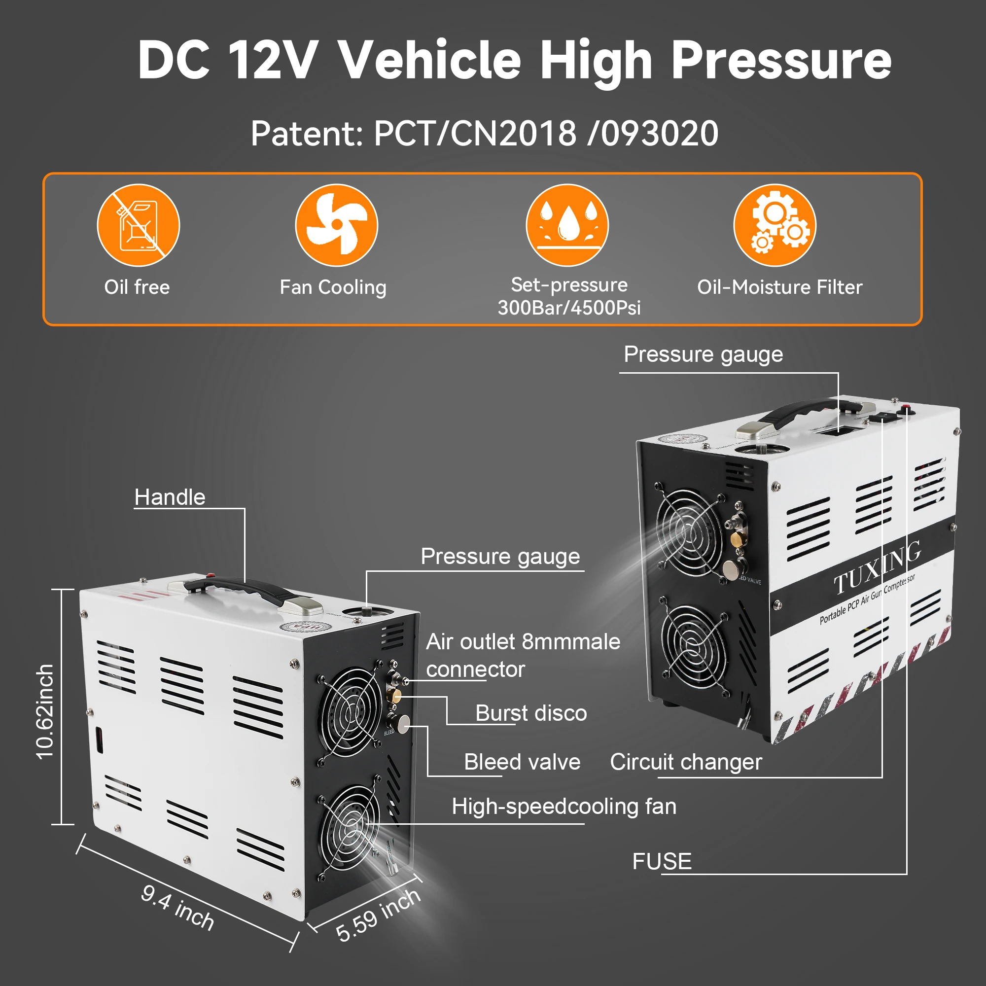 TUXING Hot Sale Custom Color 12V 4500psi 300bar 30mpa DC 220V Auto Stop Double Cylinder Breathing Paintball PCP Air Compressor