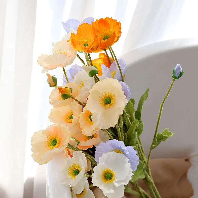 60cm Artificial Flocking Silk Cloth 4 Heads Yellow Blue Poppy Flower For Wedding Decoration 2024
