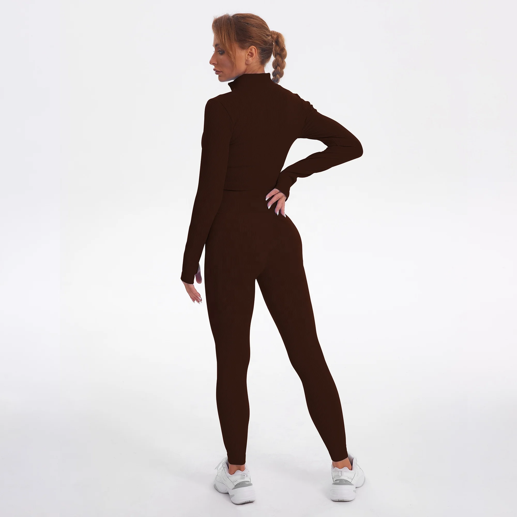 2022 Seamless Women Yoga Suit Sports Ribbed Long Sleeve Zip Front Shirt Scrunch Drawstring Legging Gym Tracksuit Workout Set