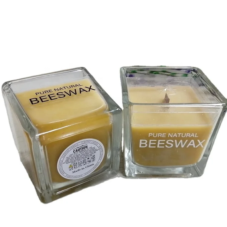 Discount  Natural Beeswax Square Glass Yellow Candles Scented Candles in glass jar with bamboo lid for Parties for Home Deco