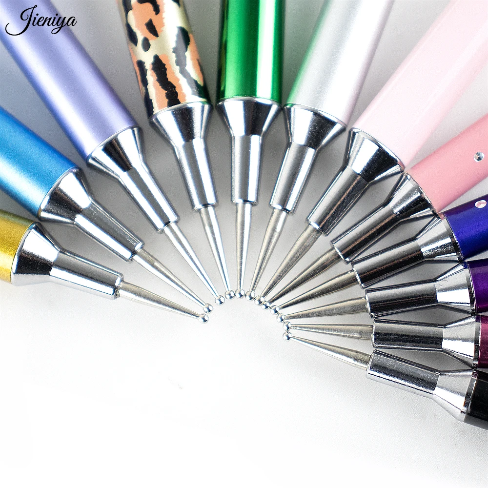 Jieniya hot selling Inlaid rhinestones pattern Metal Handle UV Gel dotting tool French brush double head nail art dual brush