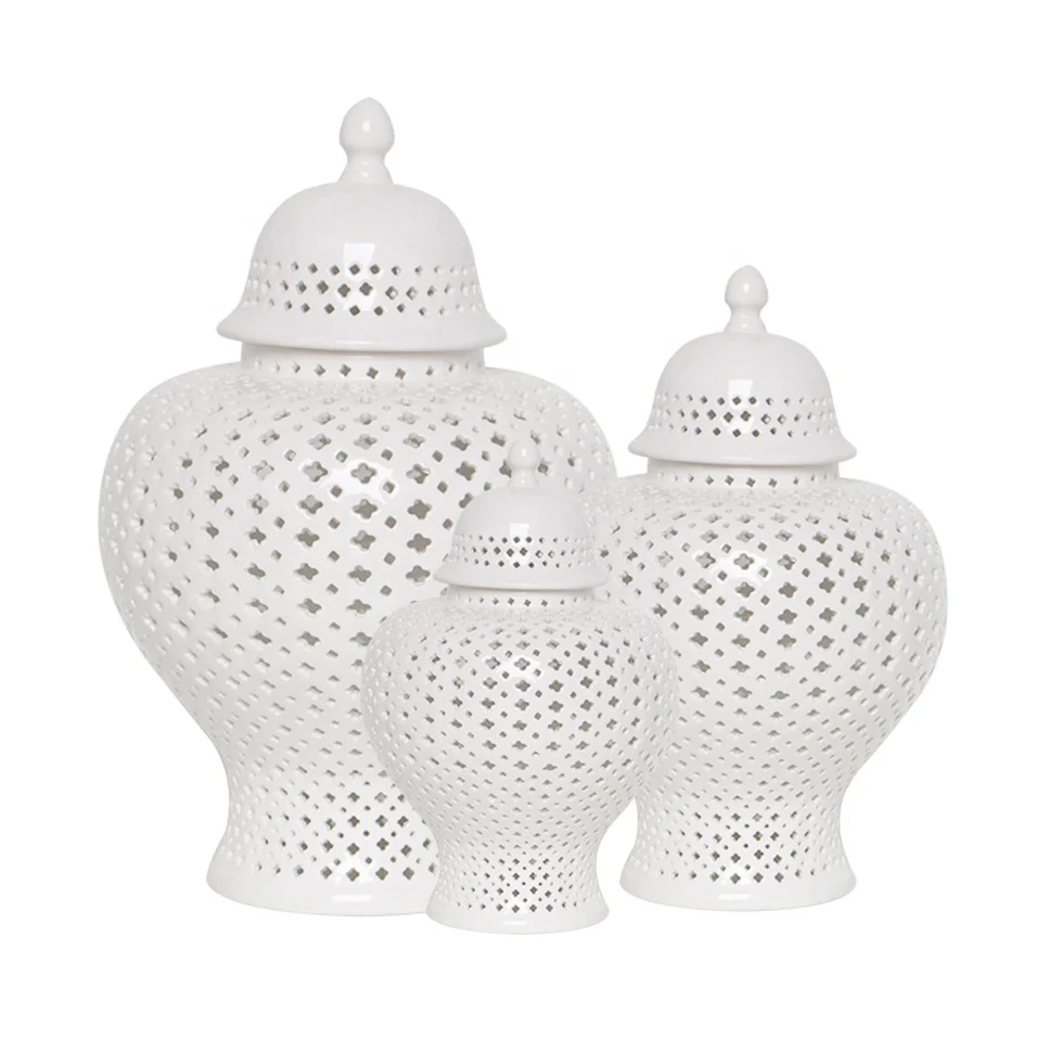 
Hot Sale White Hollow Out Porcelain Jar With Lid Set 3 Ceramic Ornament For Home 