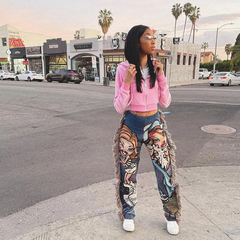 RS1293 винтажные уличные мешковатые брюки с принтом с бахромой для женщин модные прямые брюки с высокой талией на лето