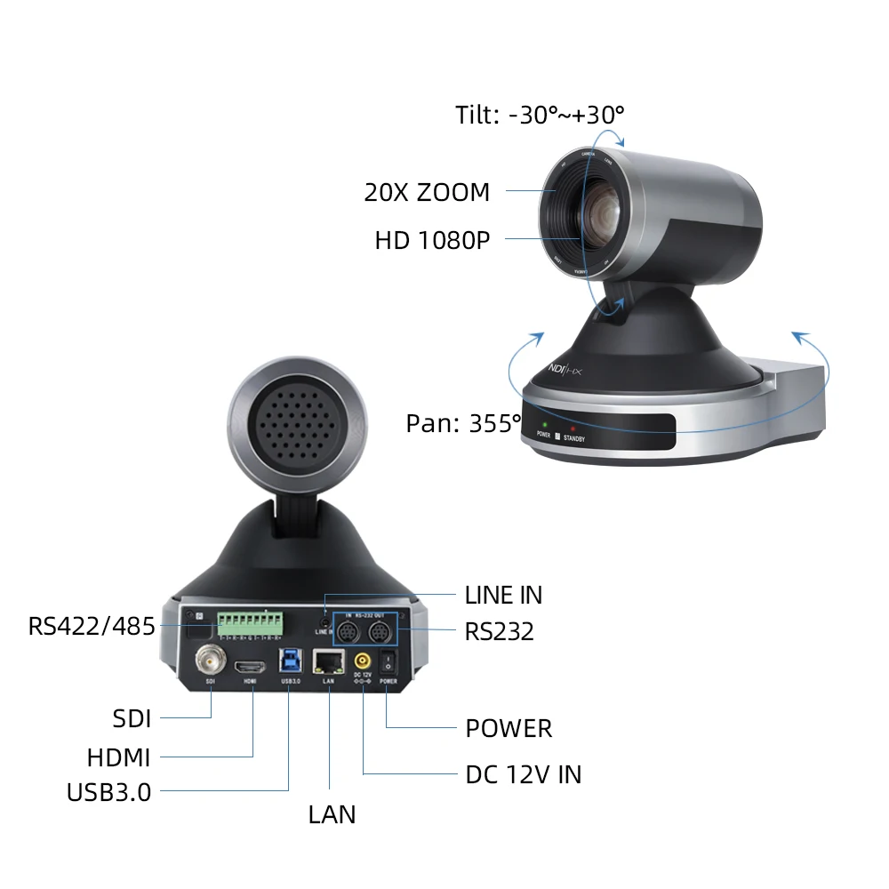Hot Sale 20x Optical Zoom Can Controlled By RS232/RS485 video conference camera HD MI 3G SDI Ndi Ip Broadcast Ptz Camera