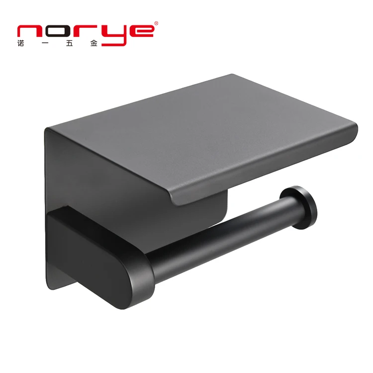 Wall Mounted Bathroom Matt Black Stainless Steel Bamboo Toilet Paper Holder With Storage  Phone Shelf