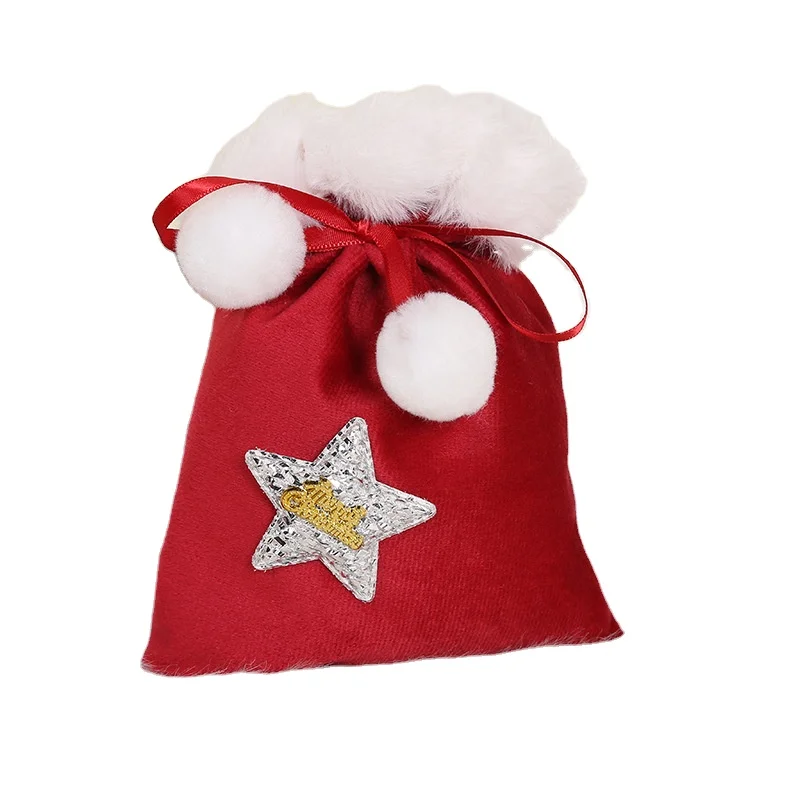 High Quality Sublimation Small Velvet Santa Sack with Drawstring Personalized White Plush Cuff Santa Candy Bags