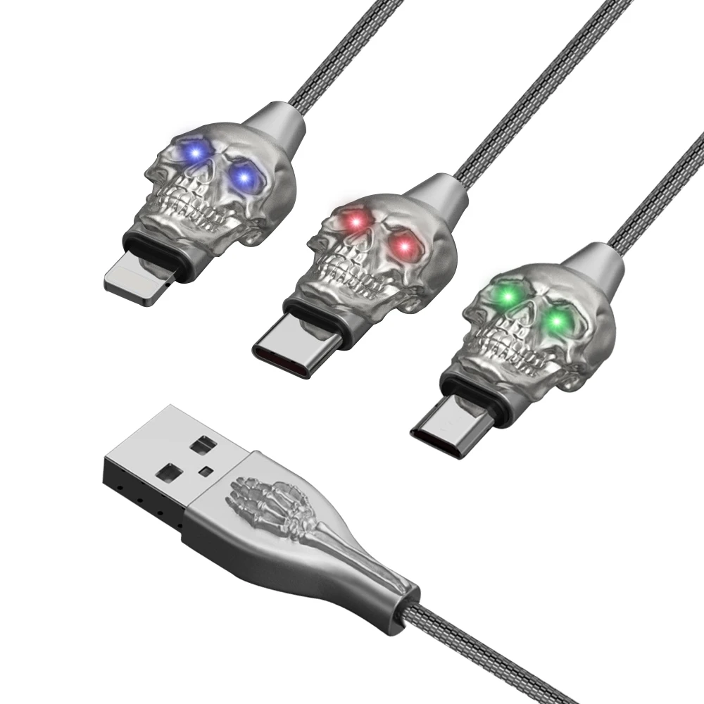 Europe best selling usb charging cable America fashion super cool skull micro usb cable type c with led light for iPhone