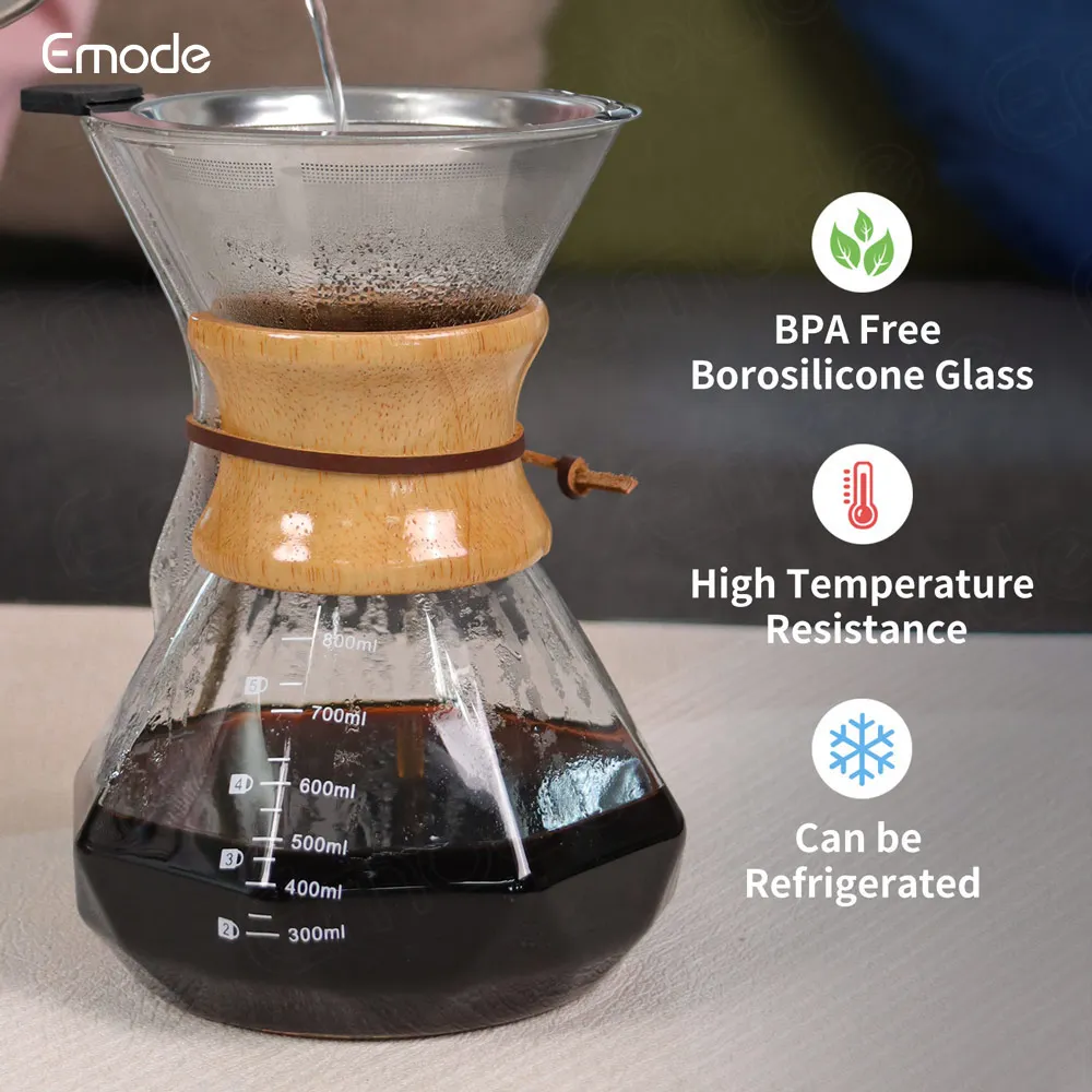 Emode Factory Price Custom Logo 800ml Borosilicone Glass Coffee Double Layer Mesh Filter Pot With Wooden Collar