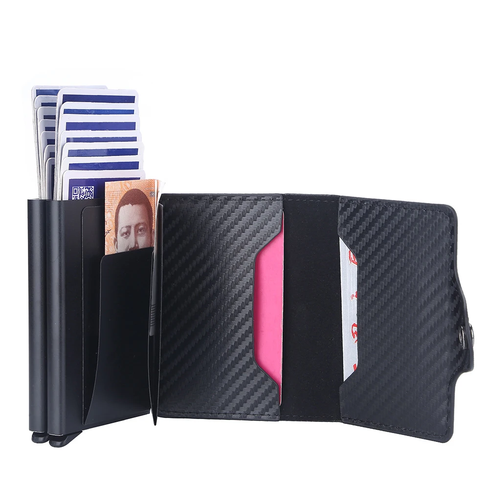 New Fashion RFID Automatic Bullet Double Layer Anti-theft Magnetic Buckle Carbon Fibre Card Holder