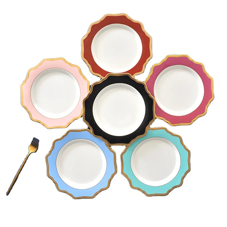 Green sunflower dinnerware table decor wedding gold rim porcelain plates for restaurant