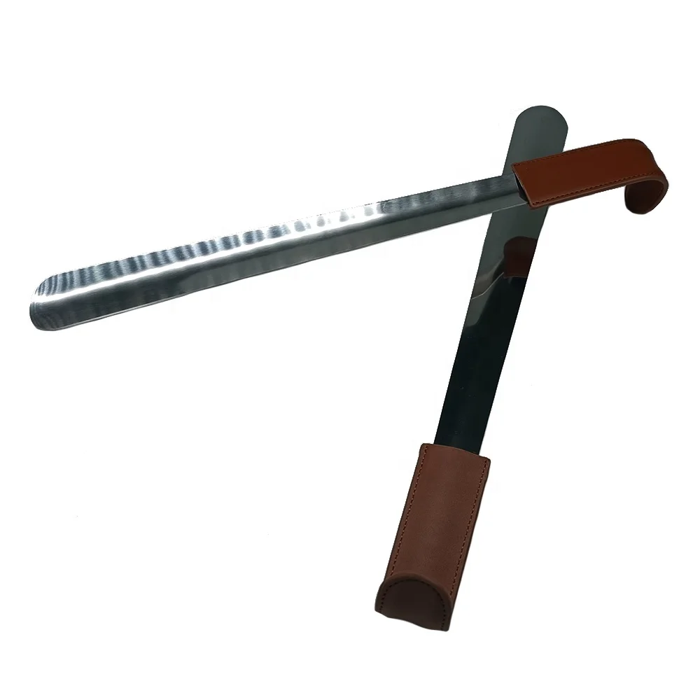 Hanging type shoe wearer long metal shoehorn shoe pump leather handle old& lazy people stainless steel tool shoe horn - MH01LH