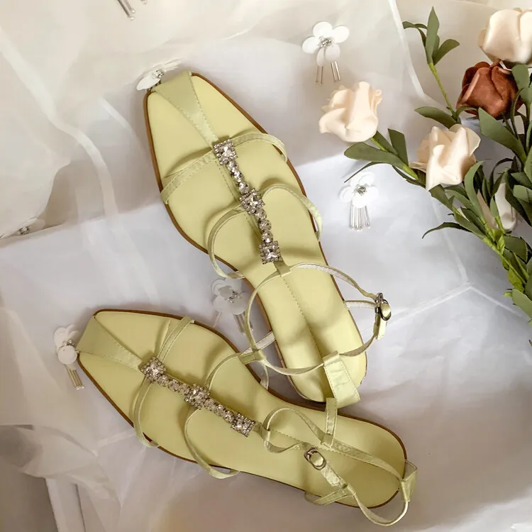 XINZI RAIN 2024 Elegant Female Sandals Square Toe Silk Satin T Strap Women Flat Sandals With Rhinestone
