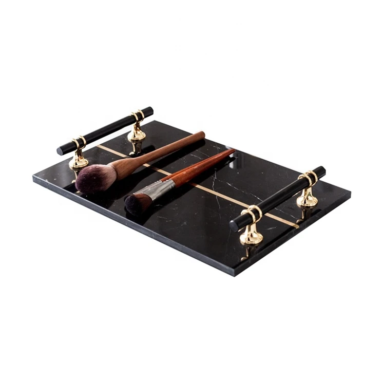Square Marble Decorative Serving Tray Multifunctional Tray Dryer With Golden Handle