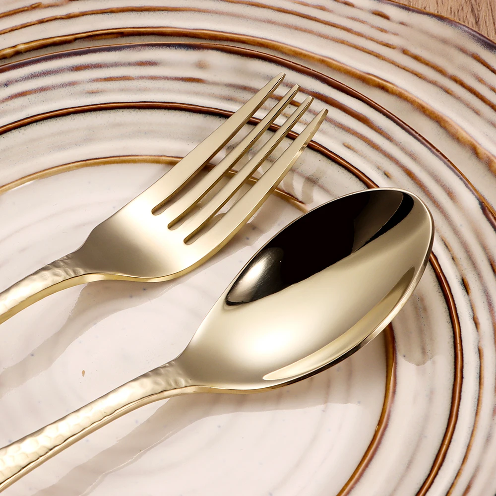 18/0 Thick Hammered Handle Stainless Steel Flatware Set Knife Fork Spoon Silverware Wedding Champagne Gold Cutlery Set