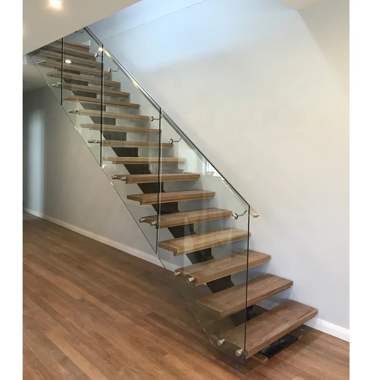 Australian standard mono steel stringer stairs with 40mm thick oak wood treads commercial wooden metal stairs with glass railing