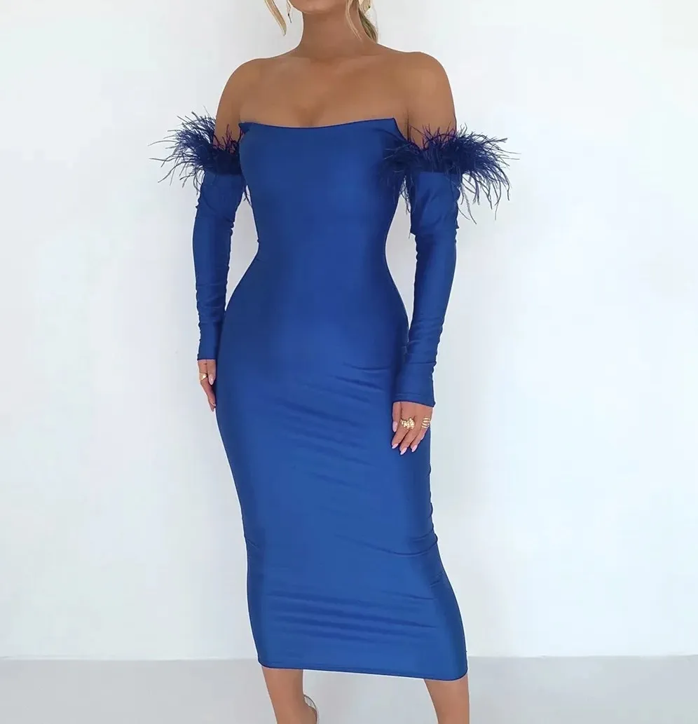 Ladies Party Knitted Dress Blue Feather Long Sleeves Midi Dress Sexy Off shoulder Bandage dress