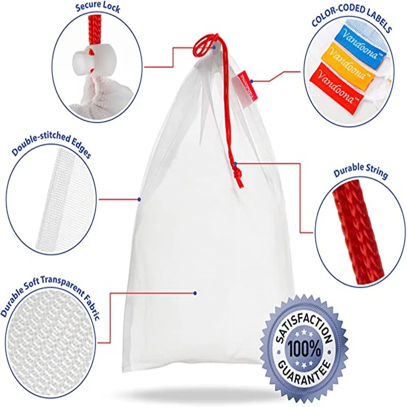 Heavy Duty Reusable Rpet Polyester Produce Barcode Scanable Safe Grocery Shopping Through Food Drawstring Mesh Bags For Fruits