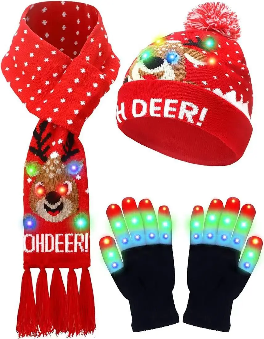 3pcs/Set Led Christmas Winter Hat Scarf Gloves Set Knitted Pom Pom Beanie Winter Hat Woman Scarf and Glove Sets