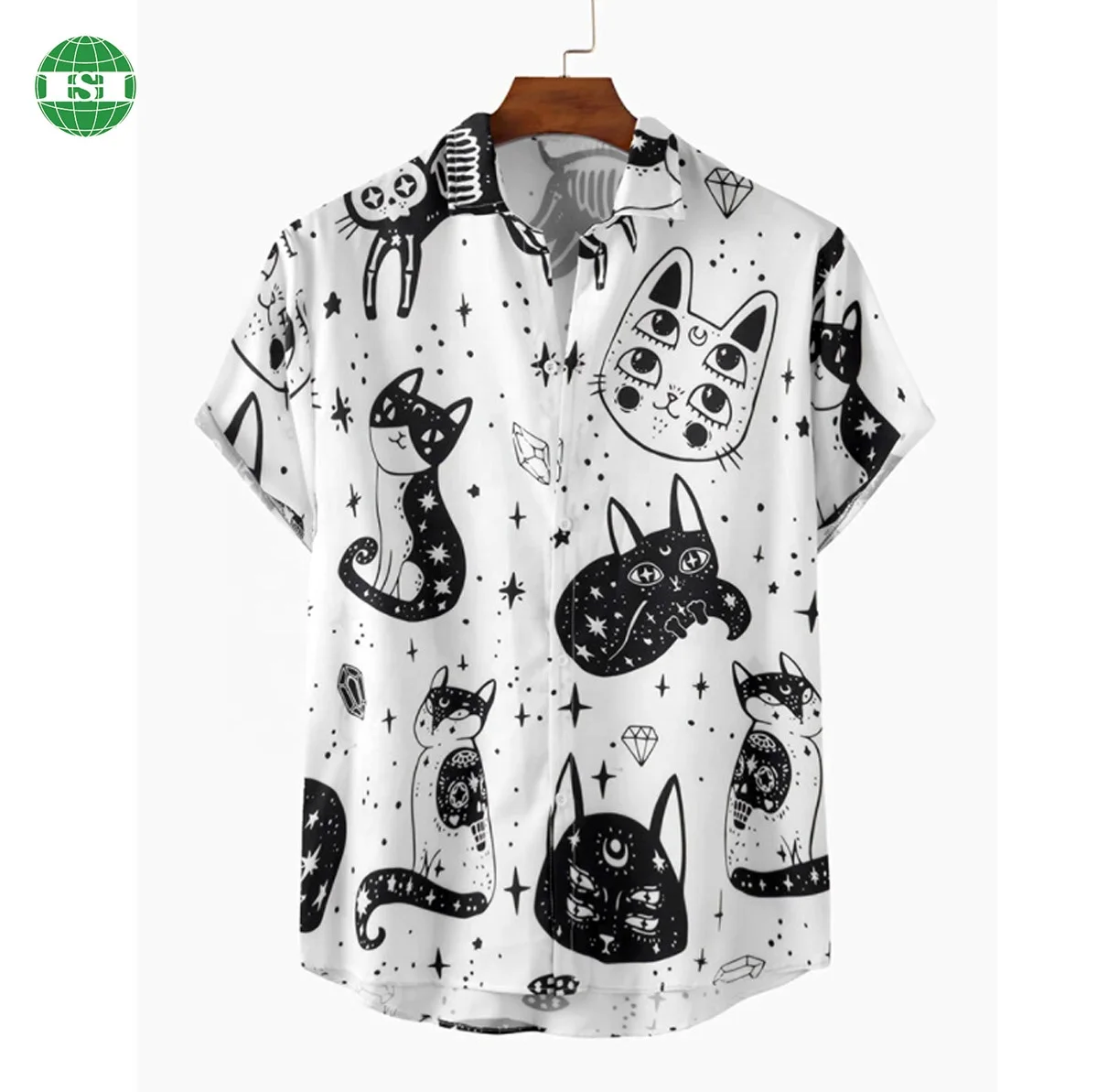 Customized patterned mens tshirts black white graffiti  button up t shirt China factory