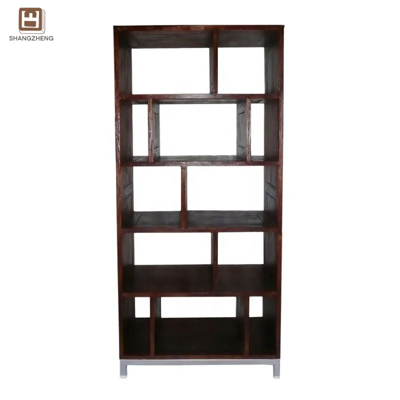 Modern Style Dark Wood Bookcase With Vertical And Horizontal Shelves Stable Metal Base