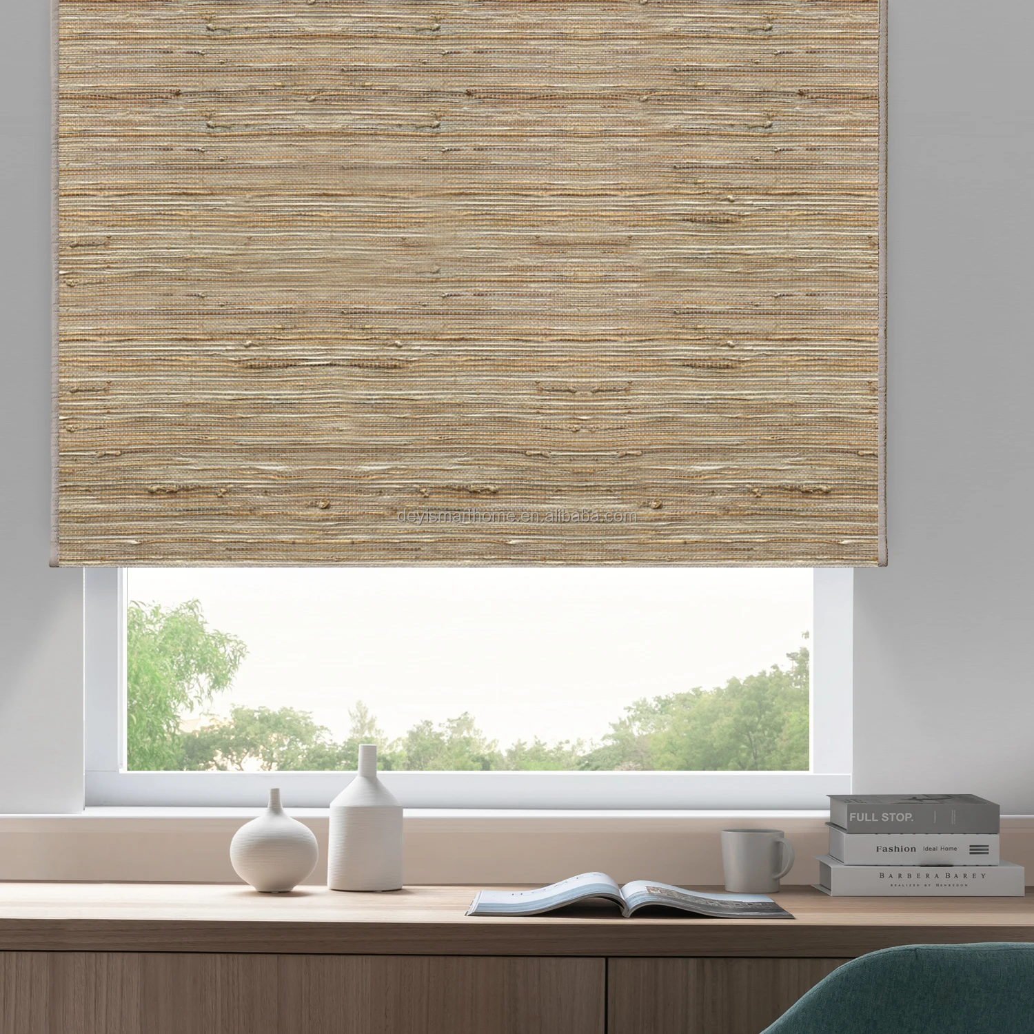 Google Alexa Shades & Shutters Outdoor Roller Motorized Smart Woven Wood Blinds