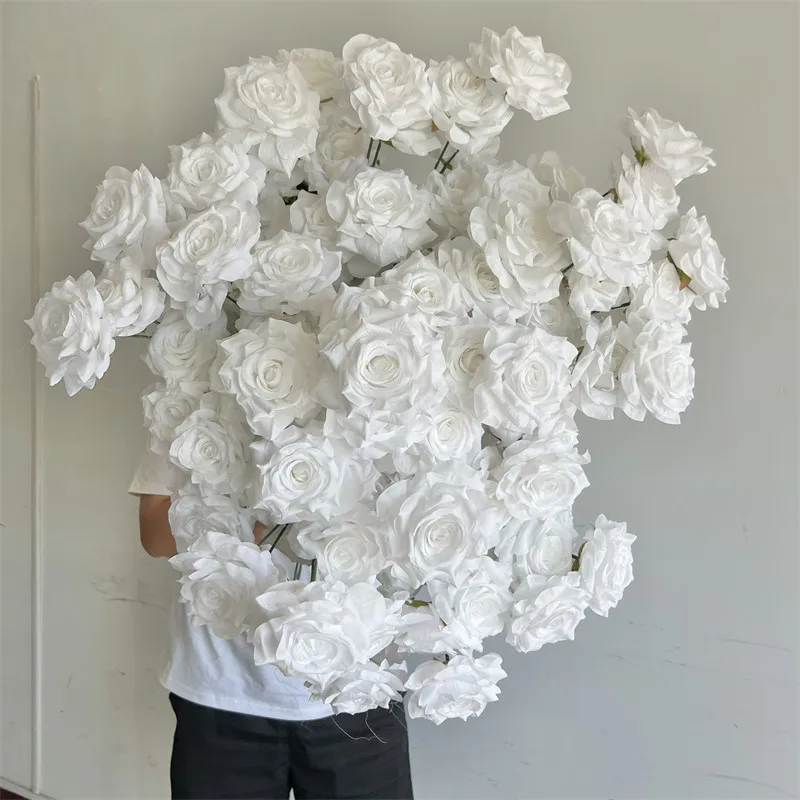 YOPIN-159 Artificial 3 Heads Silk Flowers Pure White Wedding Roses