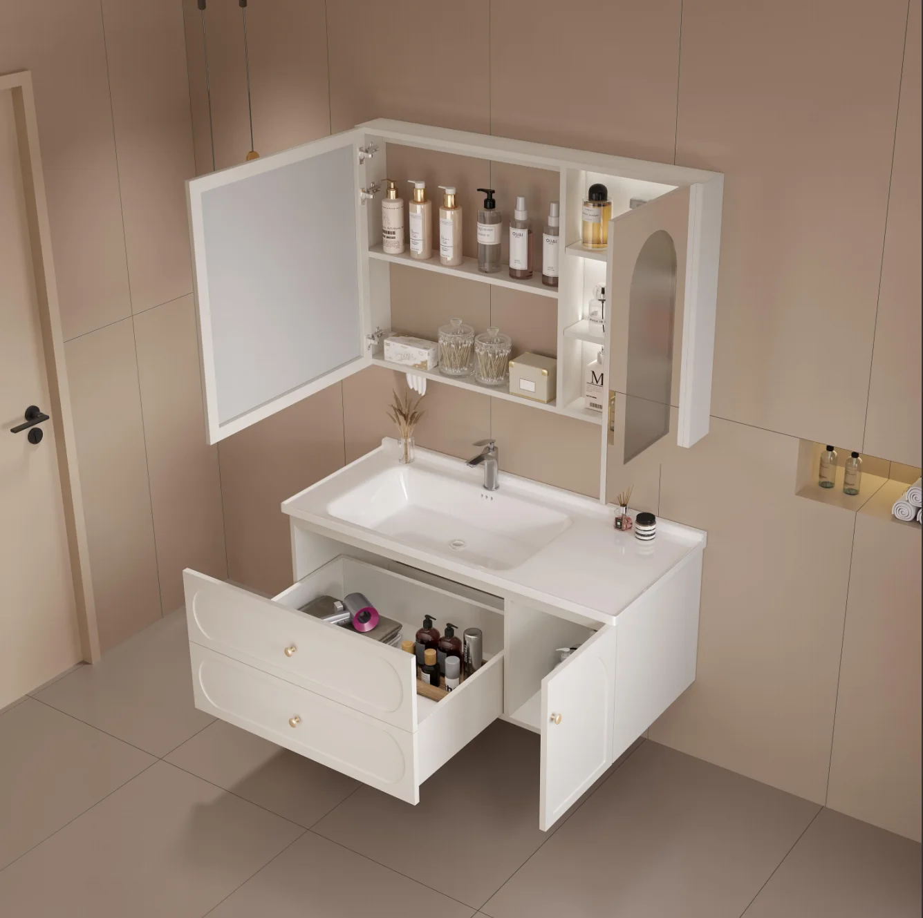 2024 Hot-selling Custom Modern Luxury Curved Wall Mounted Cabinet Bathroom Vanity