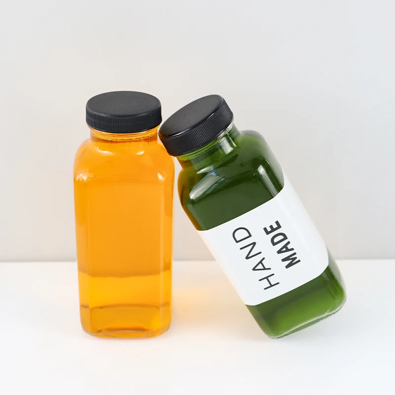 Wholesale Empty Square 500ml Milk juice tea drink Glass Bottle With Lid Screen Printing Juice Soft Drink Beverage glass bottles