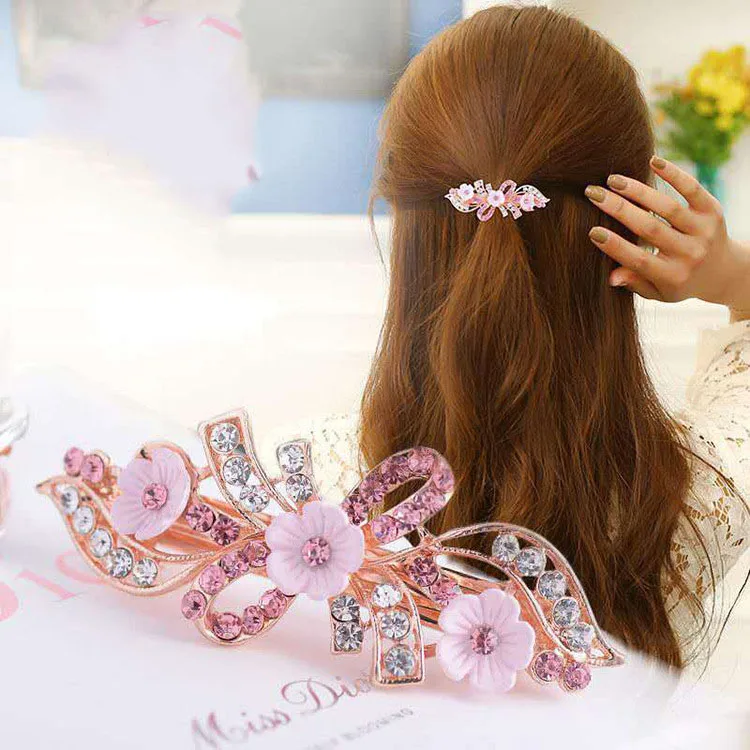 
6M pink blue Spring Clip Crystal Rose Gold Paved Diamond three Flower Knot Horsehair Hair Pin Hair Clip 