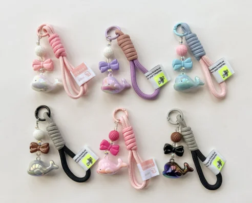 Acrylic Solid Color Colorful Cute Little Whale Dolphin Pendant Weave Cloth Rope Key Chain School Bag Pendant