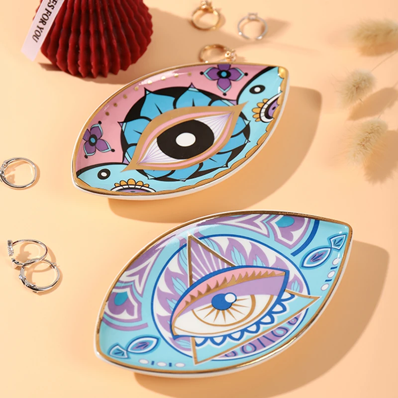 SYL Creative Rich Design Ceramic Evil Eye Plate Luxury Trinket Trays Table Decorations Jewelry dish for home decor.