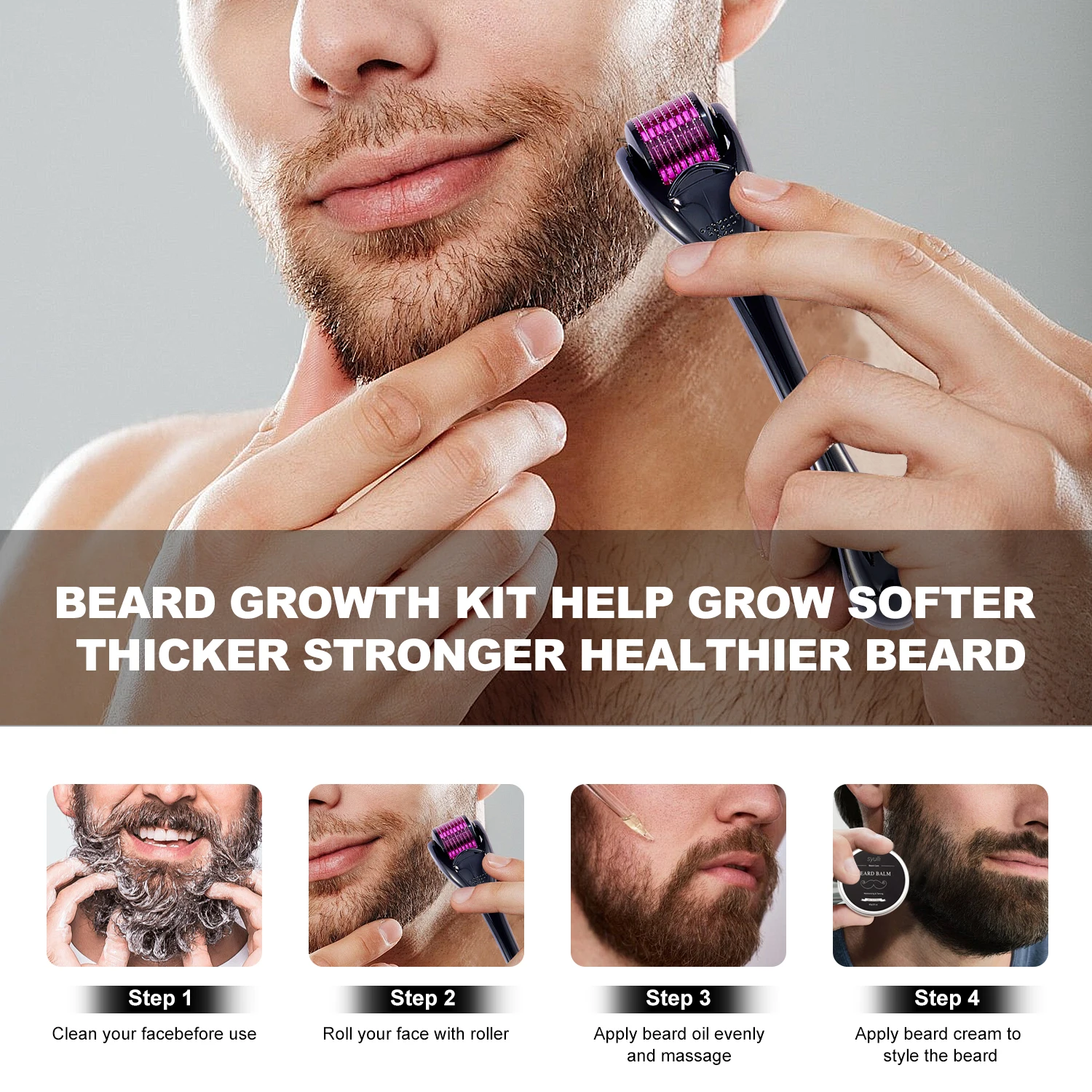 Private Label Natural Premium Mens Custom Beard Care Tool Kit Beard Roller Vegan Growth Oil Beard Grooming Set