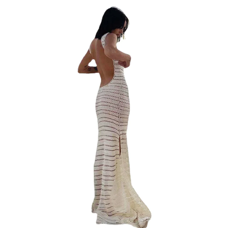 Famaker Knit Hollow Out Sexy Backless Beach Maxi Dress Women Summer Holiday Sleeveless Elegant Long Dresses