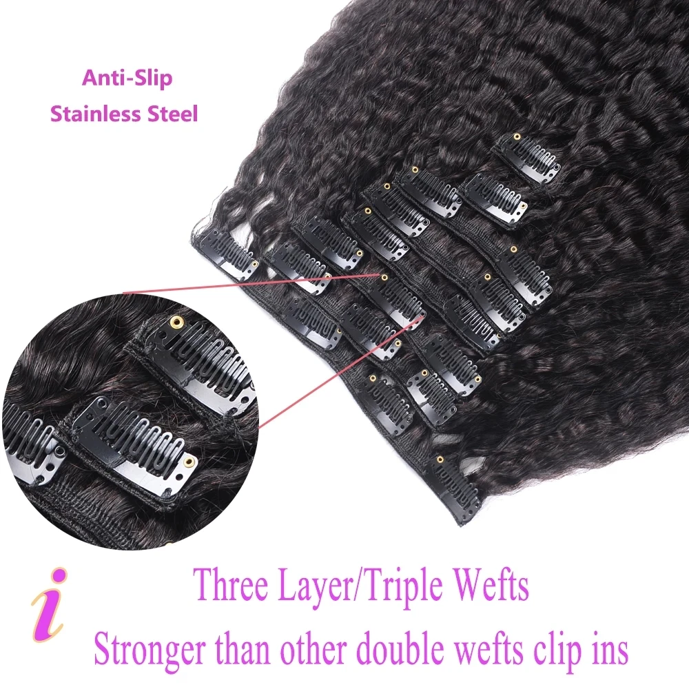 Clip-in One Head Human Hair Kinky Straight Three Layer Wefts Machine-made Remy Real Brazilian Clip In Hair Extensions