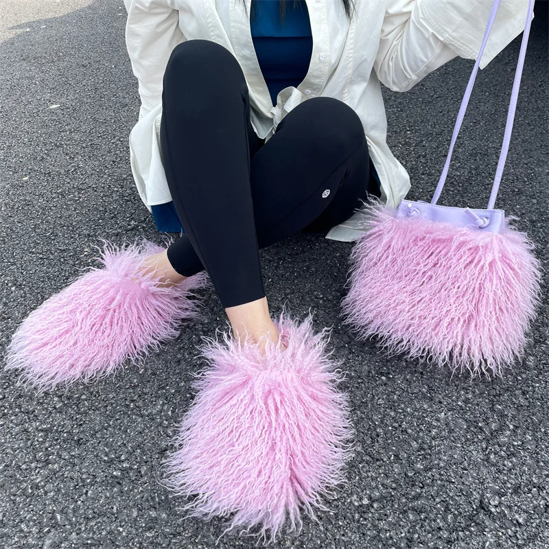 Fast Shipping New Design Plush Slides Slippers Luxury Color bags For Women Shoe And Purse Match Sets