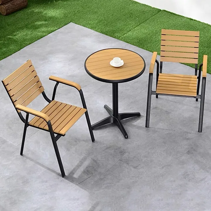 Modern and minimalist courtyard garden open-air terrace balcony outdoor plastic wood tables and chairs
