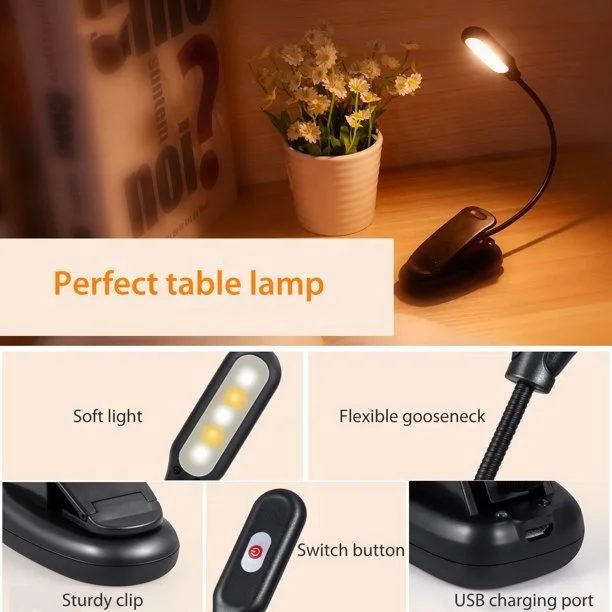 Rechargeable 5 LED Book Light Easy Clip on Reading Lamp with USB Charging Cable, 360 Rotation, 3 Color Temperature