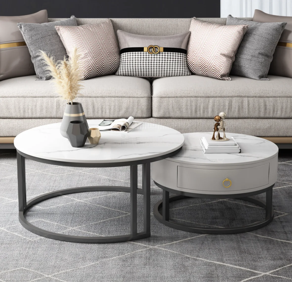 Скандинавский современный роскошный спеченный камень белый мрамор Золотой Круглый Круг журнальный столик набор