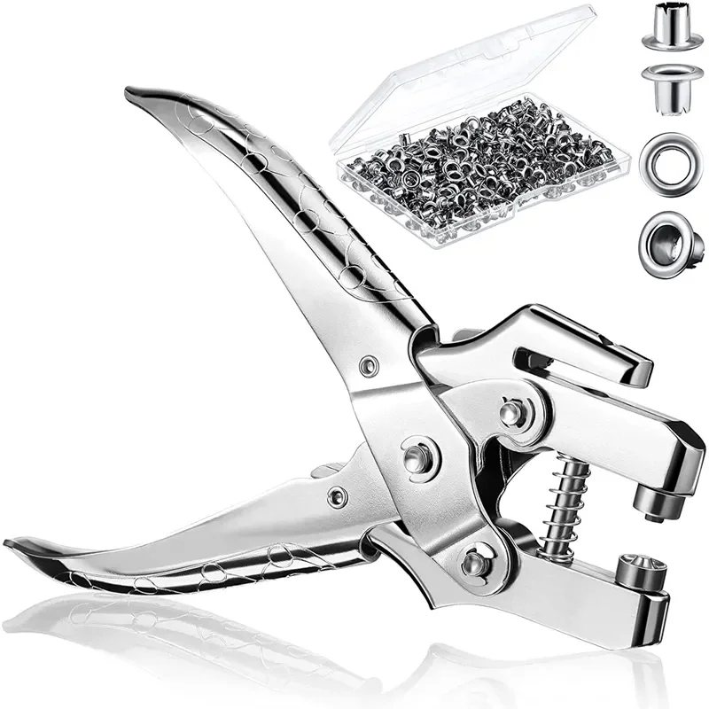 Grommet Eyelet Pliers 3/16 Inch Eyelet Hole Punch Pliers with 200 Piece Metal Eyelets Easy Press Hollow Grommet