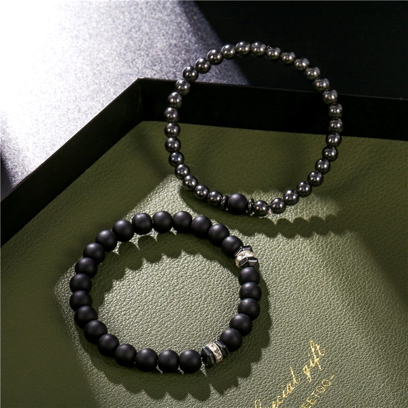 European and American Jewelry 8mm Black Frosted Copper Bead Point Drill Septum Elastic Set Bracelet Accessories Wholesale