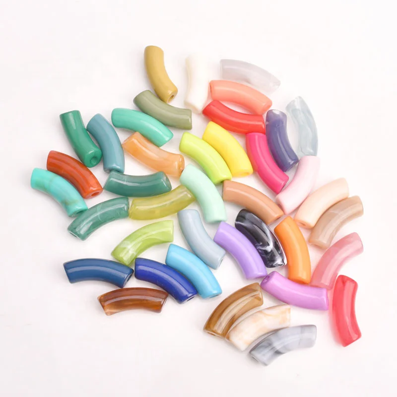 Wholesale Bulk High Polished Curved Tube Acrylic Bracelet Beads Trendy Colorful Acrylic Resin Lucite Beaded Elastic Bangle Beads