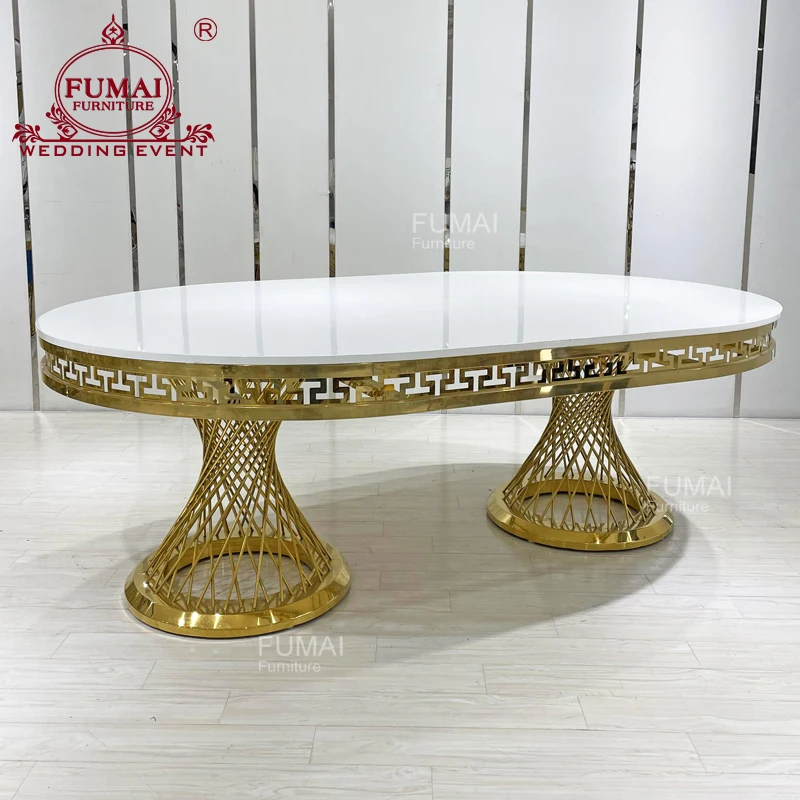 Oval stainless steel base mdf top banquet high gloss dining table
