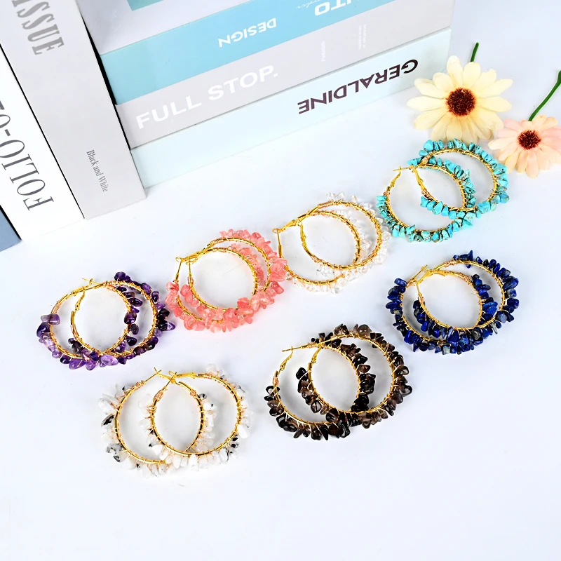 Wholesale Natural Gemstone earrings Healing Stones Round Energy Crystal Gravels Earrings for Girls