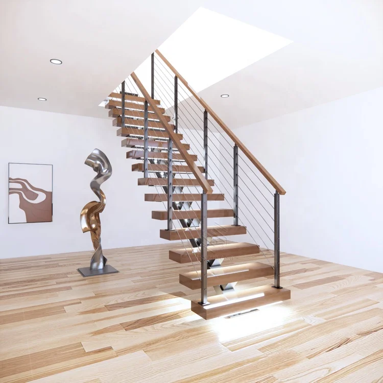 Mono metal stringer floating stairs system with cable railing and  timber treads meet with USA/ European building  code