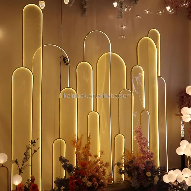 Oem Unique Design Wedding Stage Led Light Backdrop With White Light Stripe Stand Decor White Color Event Iron Metal Arch Set