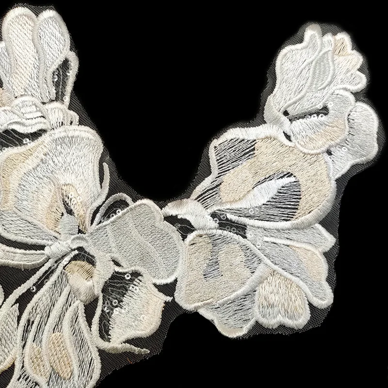 Customizable Polyester white floral embroidery lace applique with sequin for  clothing patches dress CA072